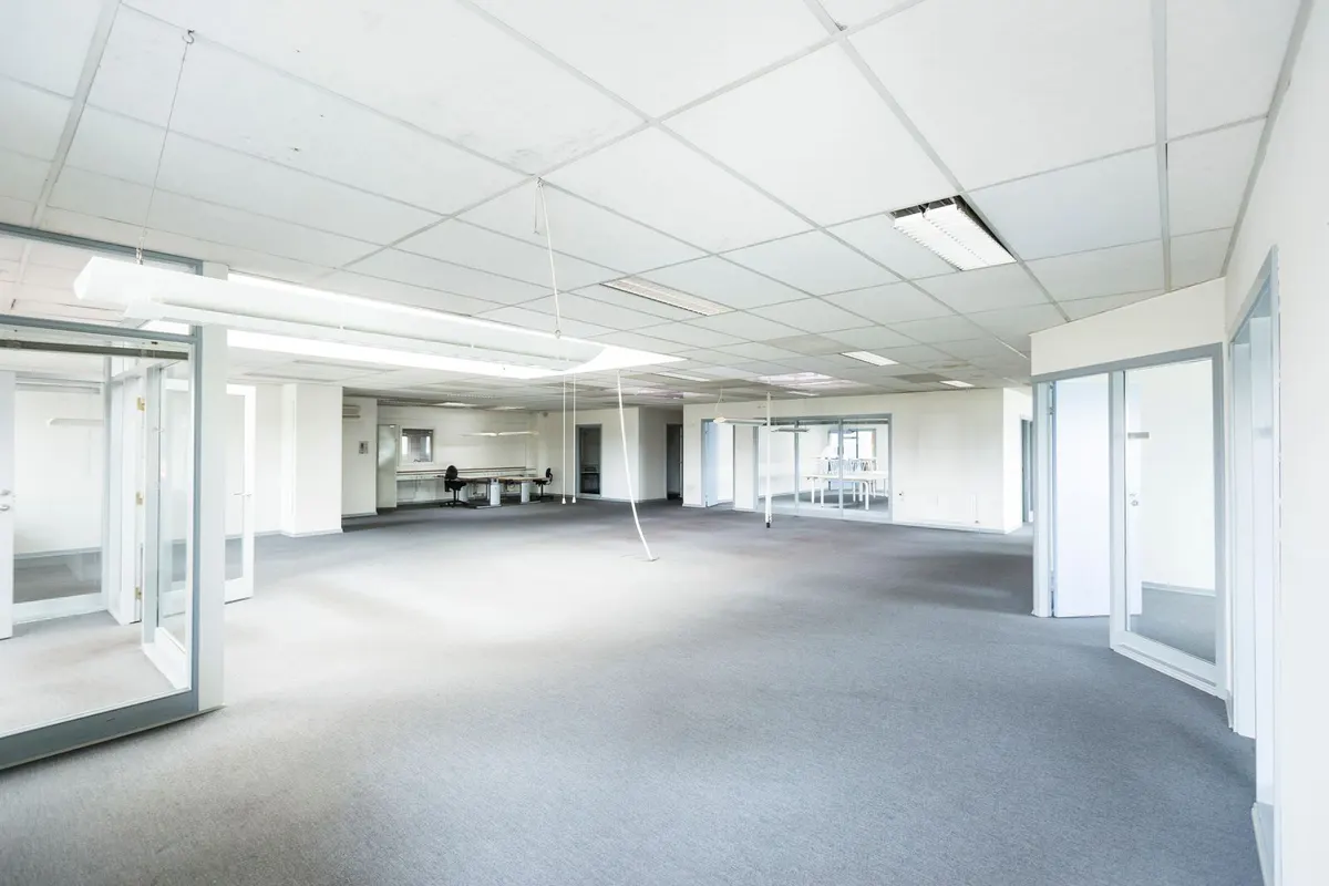 An empty open-plan office with white painted walls, glass-partitioned side offices, a suspended tile ceiling with fluorescent panels, and gray carpet.
